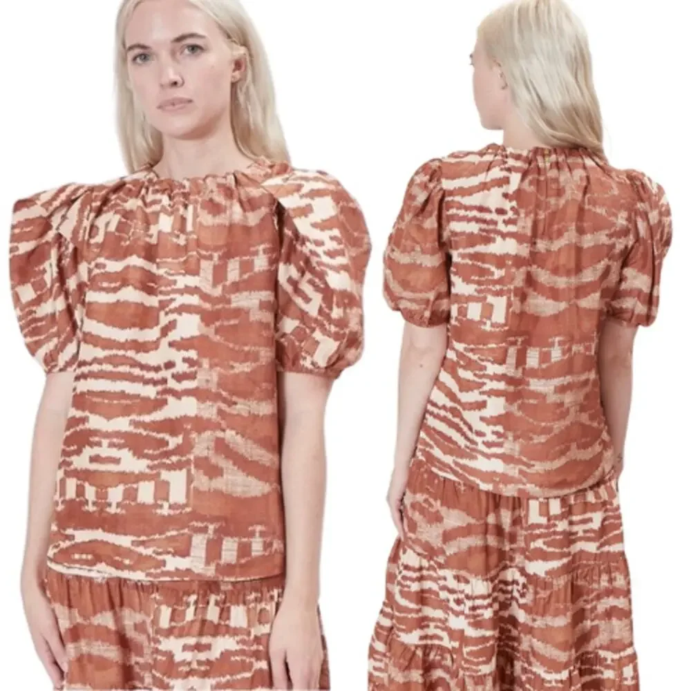 NWT Ulla Johnson Multi Neema Fawn Tige Puffed Short Sleeve Blouse Brown Size: 8